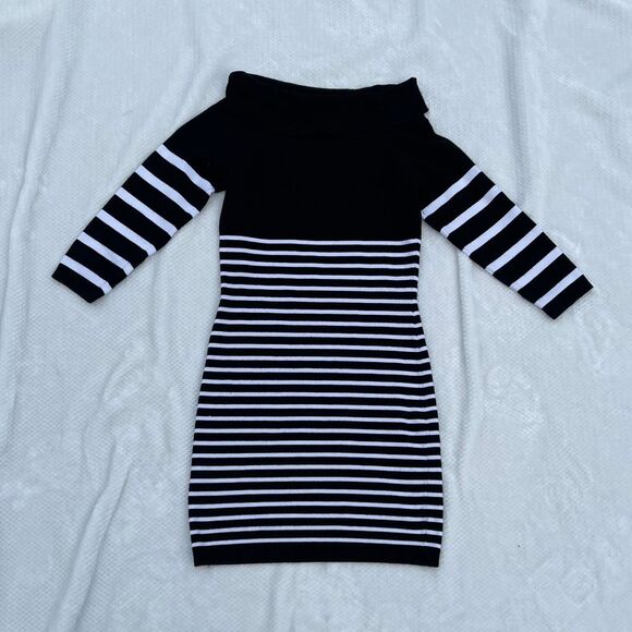 BEBE BLACK & WHITE STRIPED SWEATER DRESS - Picture 5 of 5